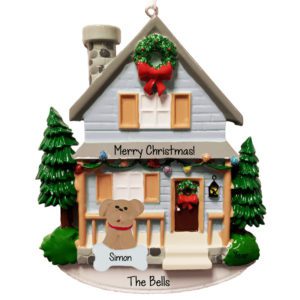 Image of Personalized BLUE Festive House With Pet Front Porch Ornament