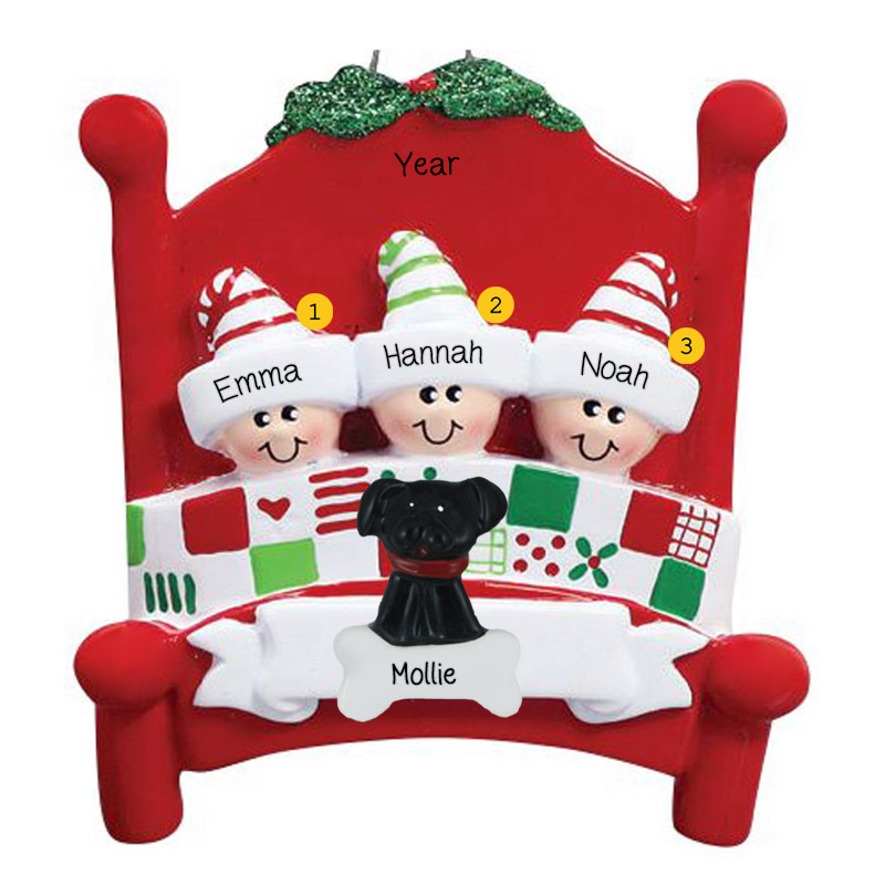 Personalized Family Of 3 With 2 Pets RED Bed Quilt Ornament ...