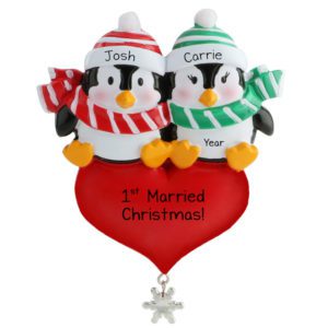 Image of Personalized Penguin 1st Married Christmas On Heart Ornament