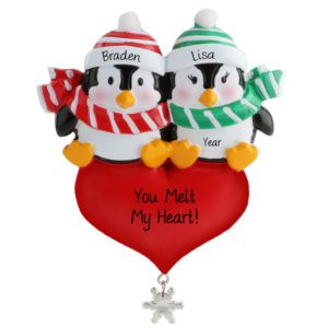 Image of Penguin Couple On Heart With Dangling Snowflake Personalized Ornament