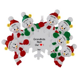 Image of Personalized Seven Grandkids Snowmen On Flake Ornament