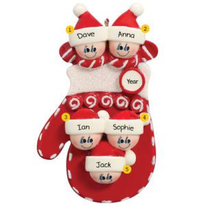 Image of Personalized Family Of Five RED Mitten Glittered Ornament