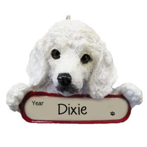 Image of Personalized WHITE TOY Poodle Dog On Banner Ornament