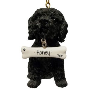 Image of Personalized BLACK Toy Poodle Statue With Dangling Bone Ornament