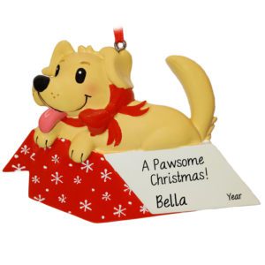 Image of Personalized TAN Dog In Present Ornament