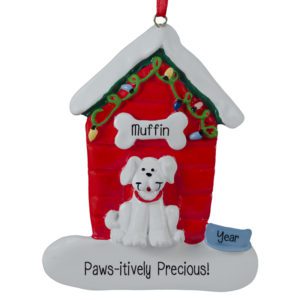 Image of Personalized WHITE Dog In Festive Red Dog House Ornament