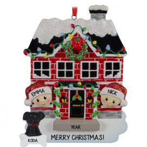 Image of Personalized Couple In Brick House With Dog Ornament
