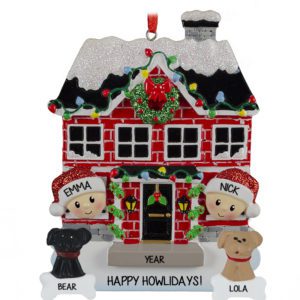 Image of Personalized Couple In Brick House With 2 Pets Ornament