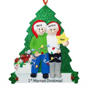 Image of Couple Holding STAR 1st Married Christmas Glittered Tree Ornament