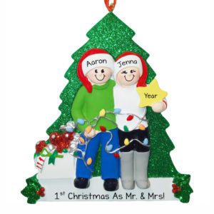 Image of 1st Married Christmas Couple Holding STAR Glittered Tree Ornament