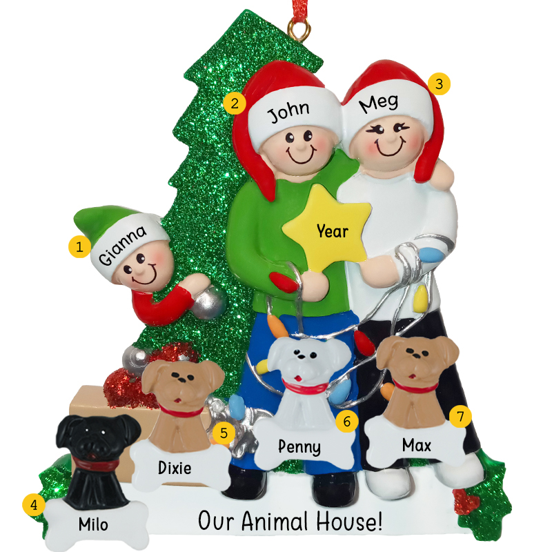 Family Of 3 Holding STAR With 4 Pets Glittered Tree Ornament ...