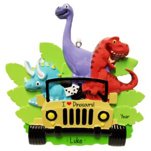 Image of Personalized I Love Dinosaurs Yellow Jeep Ornament