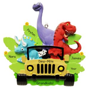 Image of Personalized Three Dino-Mite Grandkids Yellow Jeep Ornament