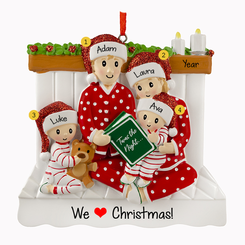 Family Of 4 Reading Book On Bed Wearing Glittered Caps Ornament ...