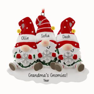 Image of Personalized Three Grandkid Gnomes Holding Snowflakes Ornament