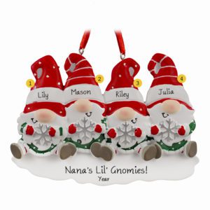 Image of Personalized Four Grandkid Gnomes Holding Snowflakes Ornament