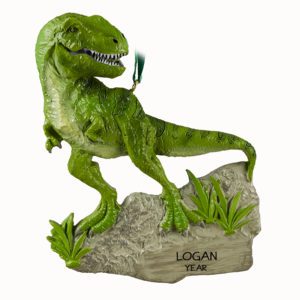 Image of Personalized Green T-Rex Dinosaur On Rock Ornament
