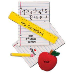 Image of Teachers Rule Lined Paper And Apple Personalized Ornament