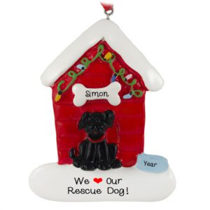 Image of Personalized BLACK Dog In Festive Red Dog House Ornament