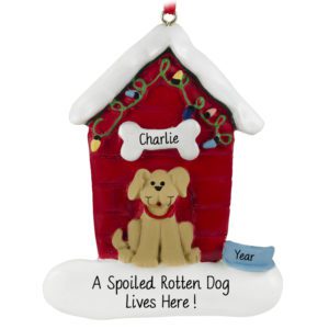Image of Personalized TAN Dog In Festive Red Dog House Ornament