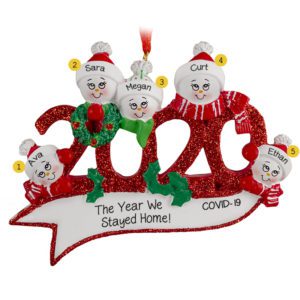 Image of Personalized RED Glittered 2020 Family Of 5 Festive Ornament