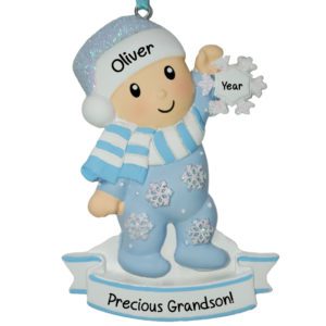 Image of Personalized Grandson Holding Glittered Snowflake Ornament BLUE