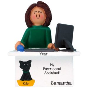 Image of Personalized Working From Home FEMALE With CAT Ornament BRUNETTE