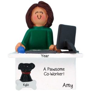 Image of Personalized Working From Home FEMALE With Pet Ornament BRUNETTE