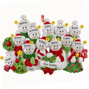 Image of Personalized Snowman Grandparents And 10 Grandkids Glittered Greenery Ornament