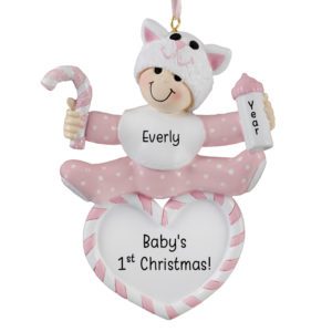 Image of Personalized GIRL'S 1st Christmas Baby On Heart Ornament PINK