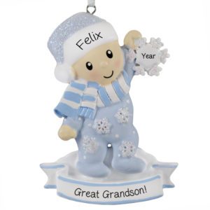Image of Personalized Great Grandson Holding Glittered Snowflake Ornament BLUE