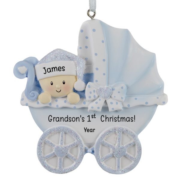 Image of Grandson's 1st Christmas Polka Dotted Carriage Glittered Ornament BLUE