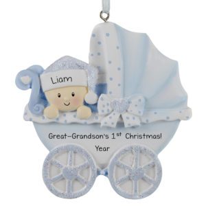 Image of Great-Grandson's 1st Christmas Polka Dotted Carriage Glittered Ornament BLUE