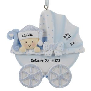 Image of Baby BOY'S Polka Dotted Carriage Birth Statistics Glittered Ornament BLUE