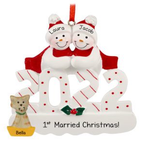 Image of 2022 1st Married Christmas Snow Couple With CAT Personalized Ornament