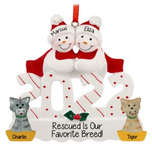 Image of Personalized 2022 Snow Couple With 2 Cats Ornament