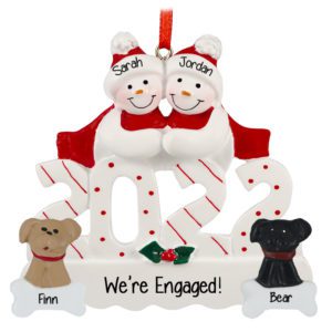 Image of 2022 Engaged Snow Couple With 2 Dogs Personalized Ornament