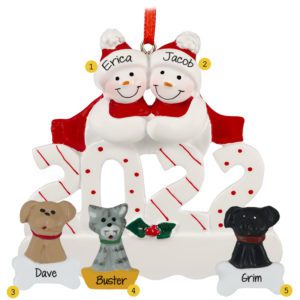 Image of 2022 Snow Couple With 3 Pets Personalized Ornament