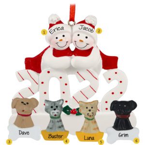 Image of 2022 Personalized Snow Couple With 4 Pets Ornament