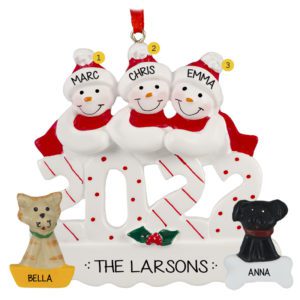 Image of 2022 Snow Family Of 3 With CAT and DOG Personalized Ornament