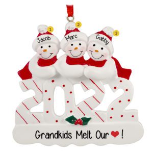 Image of Personalized 2022 Three Grandkids Snowmen Ornament