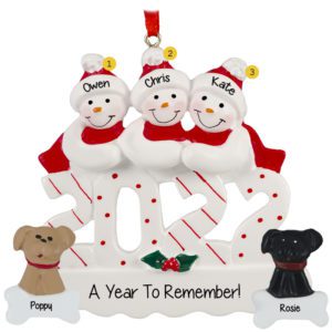 Image of 2022 Snow Family Of 3 With 2 DOGS Personalized Ornament