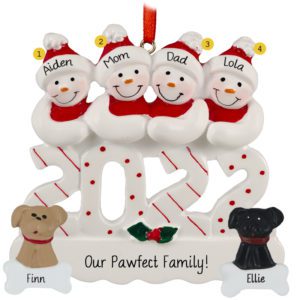 Image of 2022 Family Of 4 With 2 Dogs Snowmen Personalized Ornament