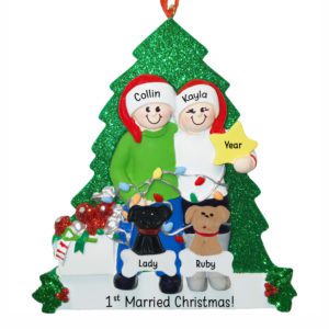 Image of 1st Married Christmas Couple With 2 Pets Glittered Tree And Star Ornament