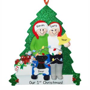 Image of 1st Christmas Together Couple And Pet Glittered Tree And Yellow Star Ornament