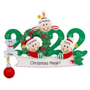 Image of Personalized 2022 Family Of 3 With Pet GREEN Glittered Wreath Ornament