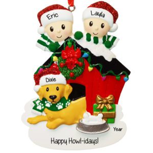 Image of Personalized Festive Couple And Dog Red Doghouse Ornament