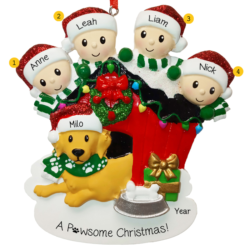 Family Of Four With TAN Dog Festive Dog House Ornament - Personalized ...