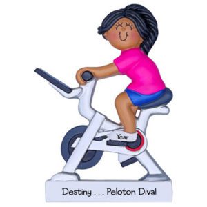 Image of Personalized FEMALE On Peloton Exercise Bike Ornament AFRICAN AMERICAN