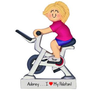 Image of Personalized FEMALE On Peloton Exercise Bike Ornament BLONDE